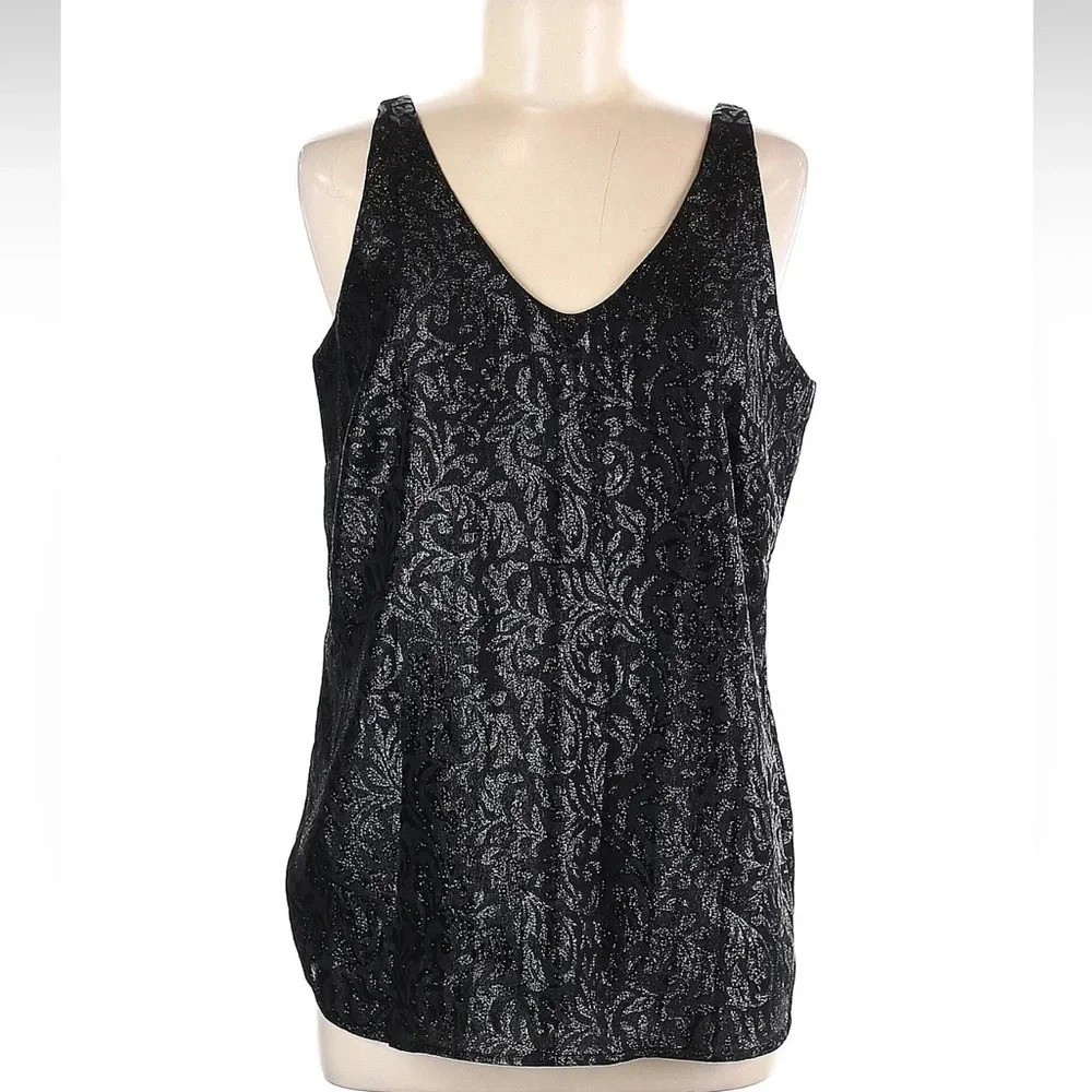 Ann Taylor LOFT Black Floral Damask Metallic Shimmer Blouse Top Size Medium NWT